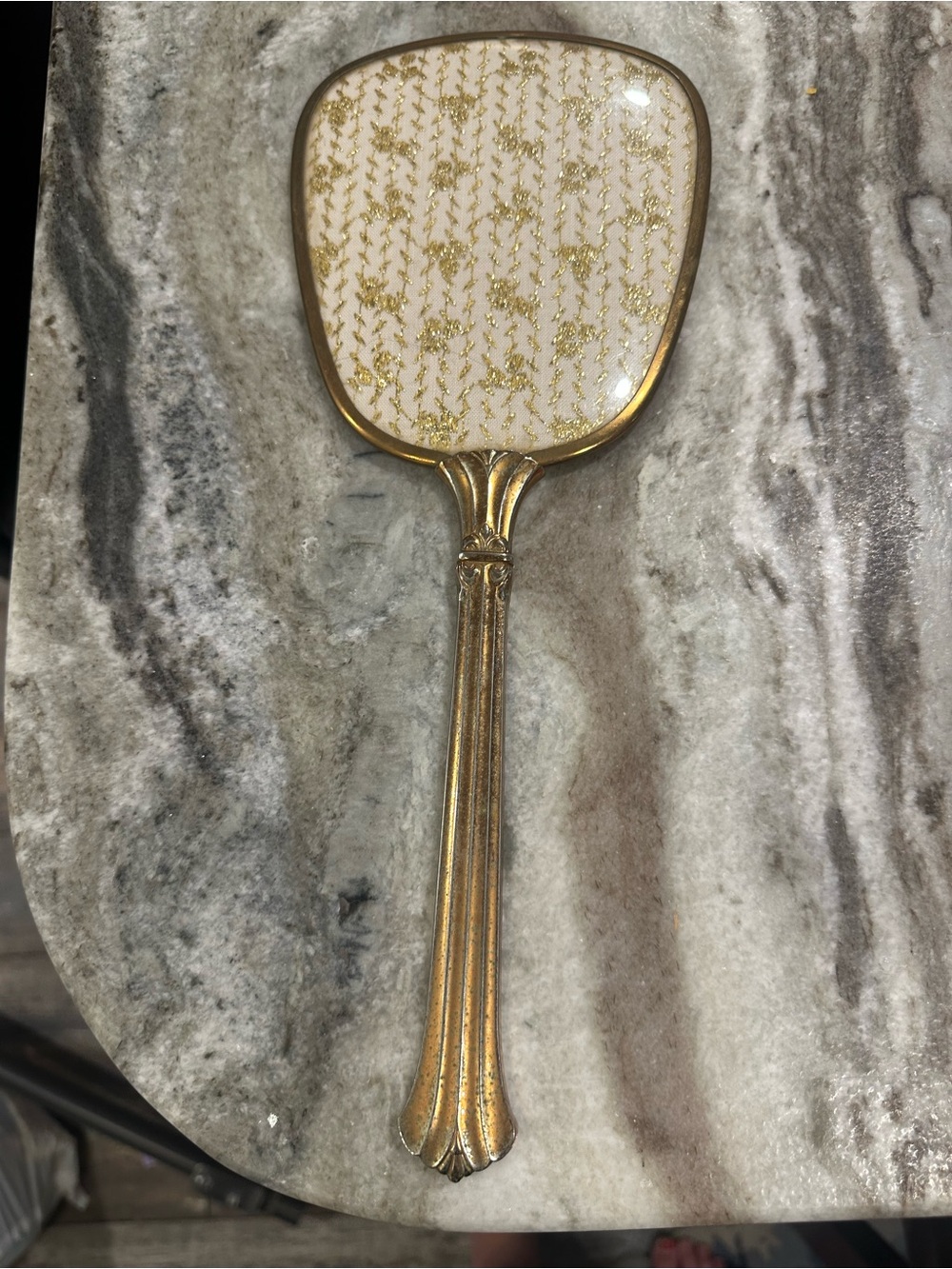 Vintage Gold-Tone Hand Mirror with Embroidered Gold-Thread Panel